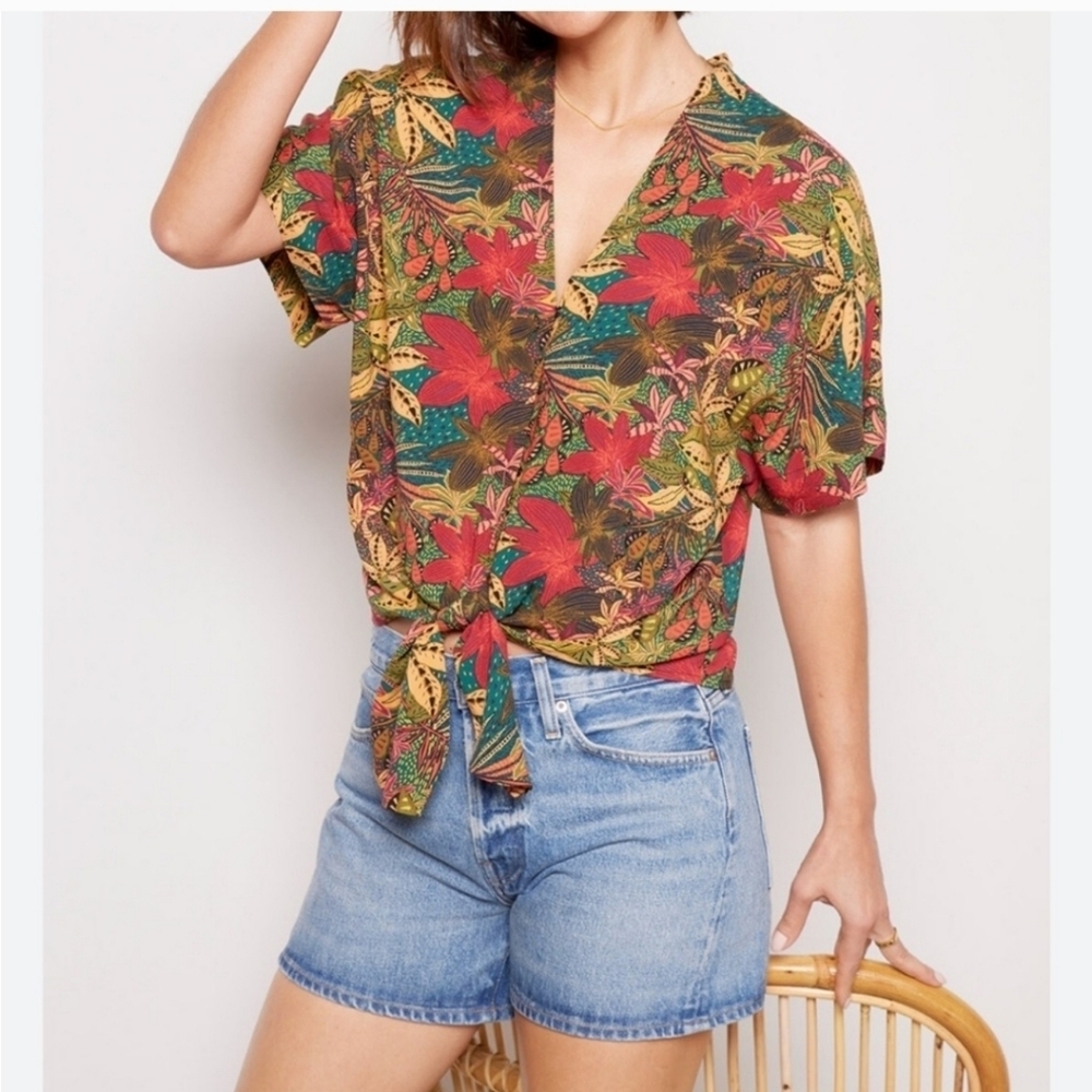 Evereve Women Multicolor Mazey Tie Front Floral Top - Size M Tropical Resortwear